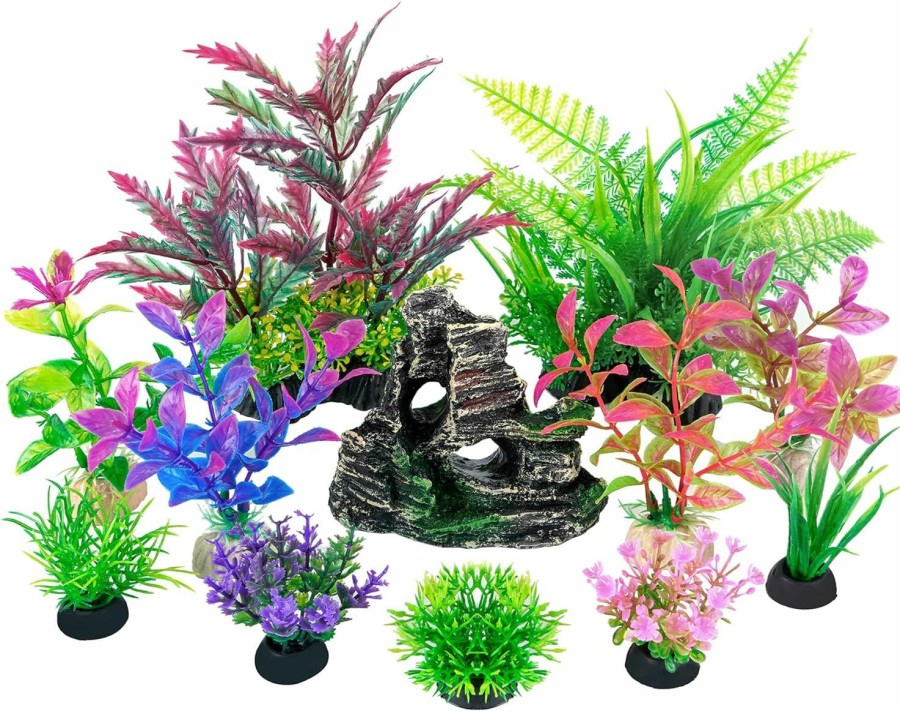 Fish & Aquatic Ameliade | Ameliade Aquarium Decorations Fish Tank Artificial Plastic Plants & Cave Rock Decor Set, Goldfish Betta Fish Tank Accessories Small Large Fish Bowl Decorations(8 Pieces