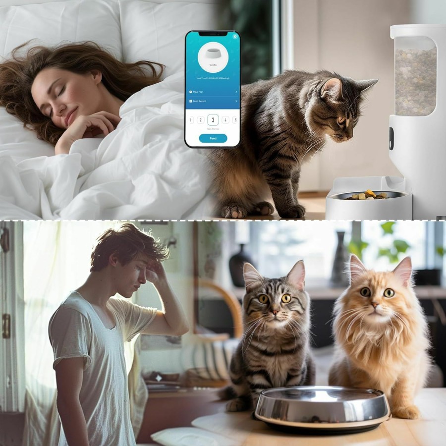 Cat PZE | Pze Automatic Cat Feeder,4L Double Pet Feeder With 2 Stainless Steel Bowls,2.4G Wifi Smart Pet Feeder With App Control, Timed Pet Feeder Programmable 1-12 Meals, 10S Meal Call