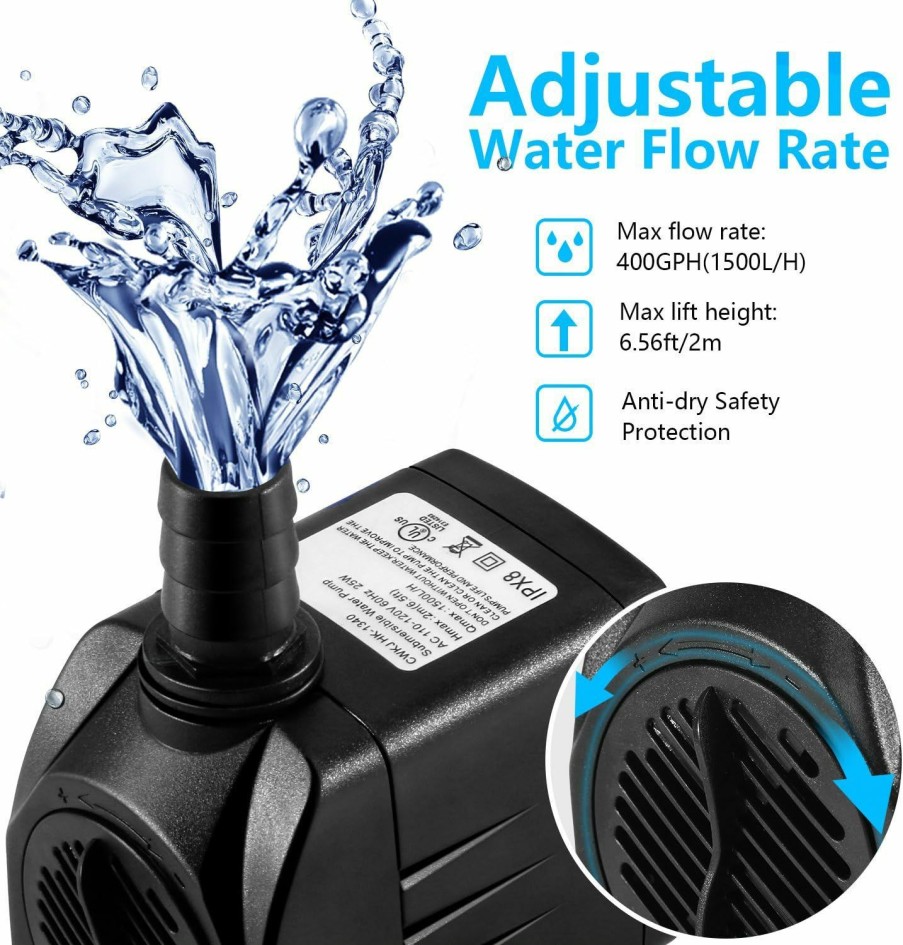 Fish & Aquatic CWKJ | Cwkj Fountain Pump, 400Gph Submersible , Durable 25W Outdoor Water Pump With 6.5Ft Power Cord, 3 Nozzles For Aquarium, Pond, Fish Tank, Water Pump Hydroponics, Backyard Fountain