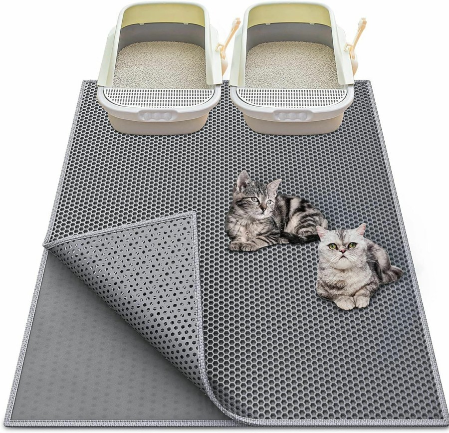 Cat Waretary | Waretary Cat Litter Mat 36\"X 30\", Kitty Pretty Litter Box Trapping Mat, Extra Large Xl Honeycomb Double Scatter Control Layer Mat, Urine & Waterproof, Washable, Easy Clean, Phthalate Free, Grey