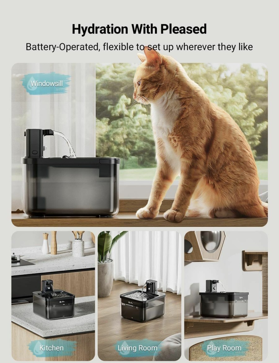 Cat DownyPaws | Downypaws Battery Operated Cat Water Fountain, 84Oz/2.5L Fursink Wireless Pet Water Fountain For Cats Inside, Automatic Cat Waterer Fountain With Motion Sensor, Ultra Quiet Pump, Bpa-Free, Black