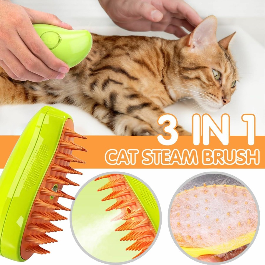 Cat SIHUAN | Cat Steam Brush, 3 In1 Steamy Cat Brush, Self Cleaning Cat Brush With Steam,Cat Steamer Brush For Massage,Cat Grooming Brush Pet Hair Removal Comb For Cat And Dog (Green)