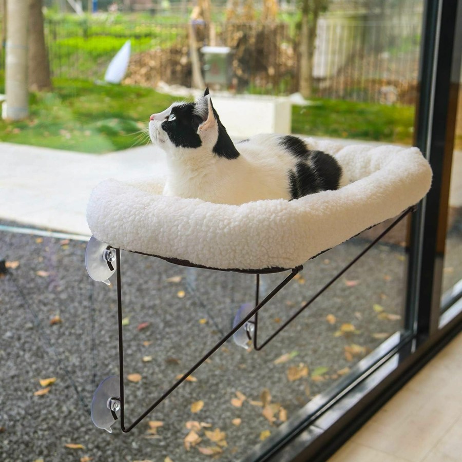 Cat Zakkart | Zakkart Cat Window Perch - 100% Metal Supported From Below - Comes With Warm Spacious Pet Bed - Cat Window Hammock For Large Cats & Kittens - For Sunbathing, Napping & Overlooking (White)