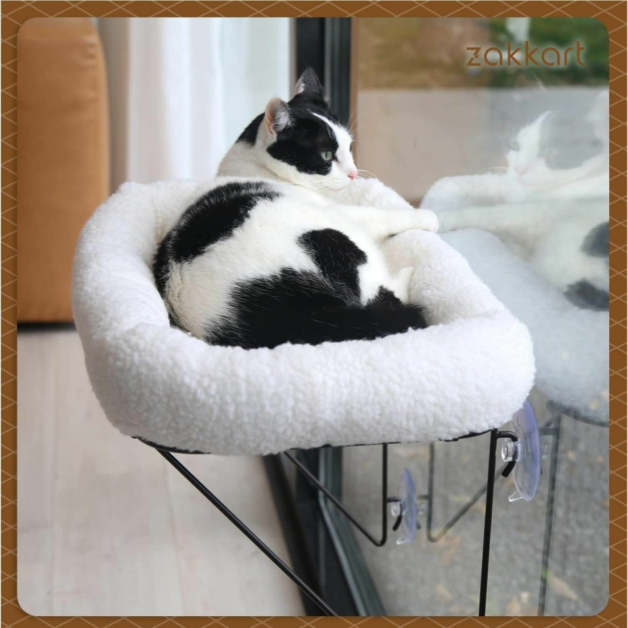 Cat Zakkart | Zakkart Cat Window Perch - 100% Metal Supported From Below - Comes With Warm Spacious Pet Bed - Cat Window Hammock For Large Cats & Kittens - For Sunbathing, Napping & Overlooking (White)