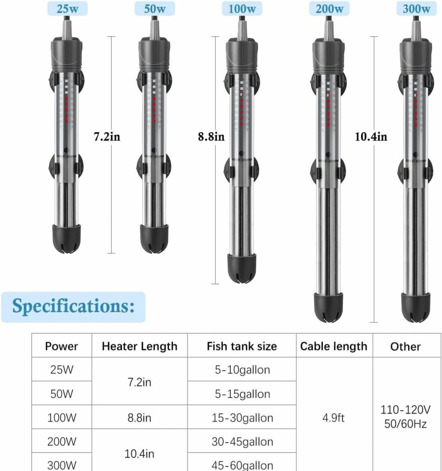 Fish & Aquatic HITOP | Hitop 50W 100W 300W Adjustable Aquarium Heater, Submersible Fish Tank Heater Thermostat With Suction Cup (300W)