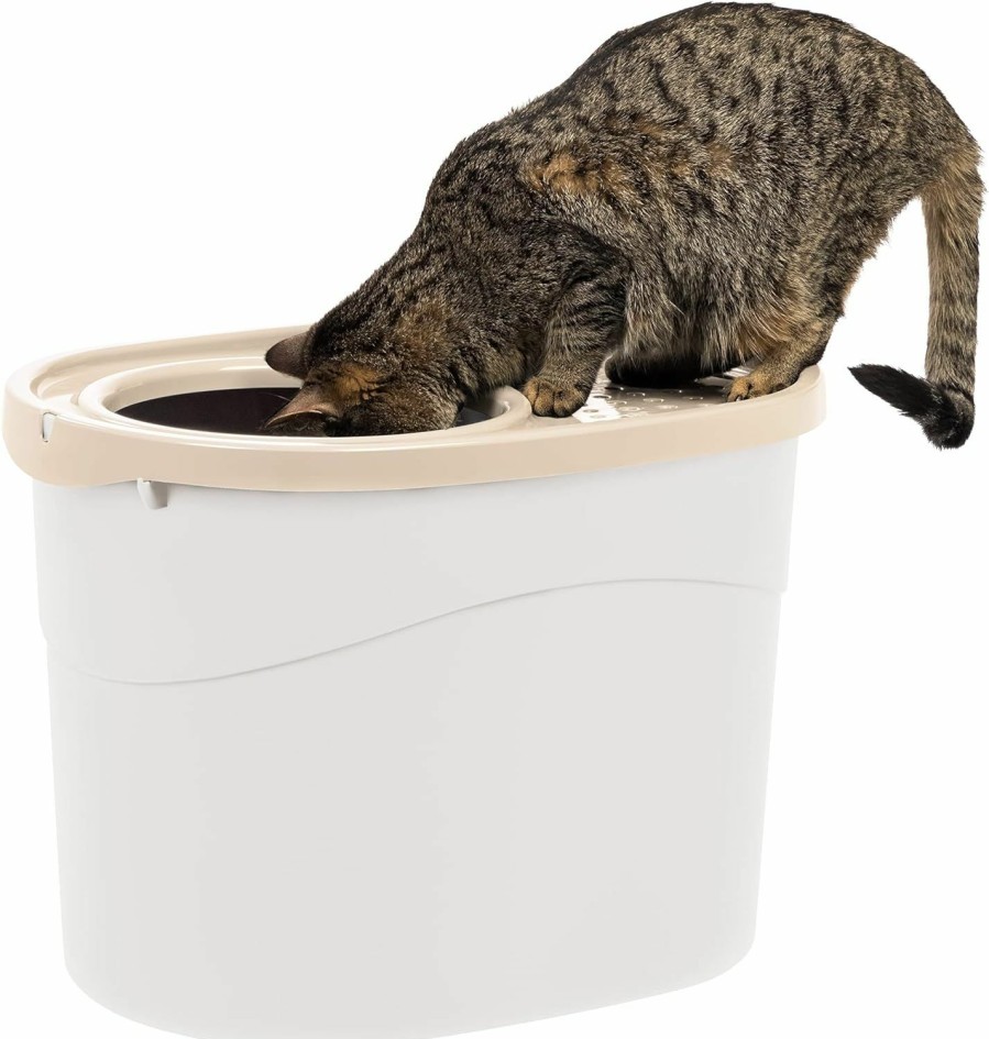 Cat IRIS | Iris Usa Oval Top Entry Cat Litter Box With Scoop, Kitty Litter Tray With Litter Catching Lid Less Tracking Dog Proof And Privacy Large, Gray/White