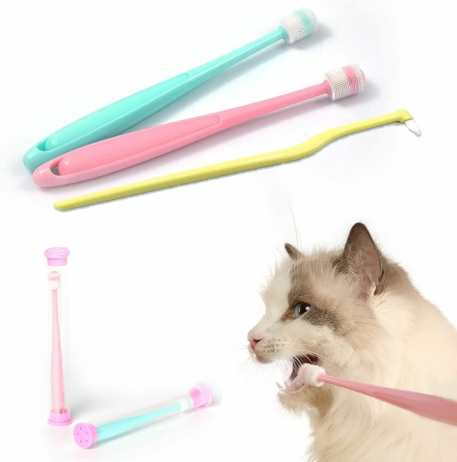 Cat E.M&S.T | E.M&S.T By Emmeliestella Small Dog & Cat Toothbrush 360 Degree Soft Silicone, Cat Dental Care, Oral Hygiene, Easy To Handle, Deep Clean, Independent Packaging, Light Sky Blue&Light Pink 3 Pcs