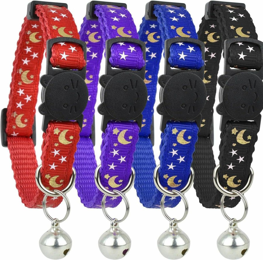 Cat Bemix Pets | Upgraded Version - Cat Collar Stars And Moon, 4-Pack, Reflective With Bell, Solid & Safe , Nylon, Pet Collar, Breakaway Cat Collar, Free Replacement