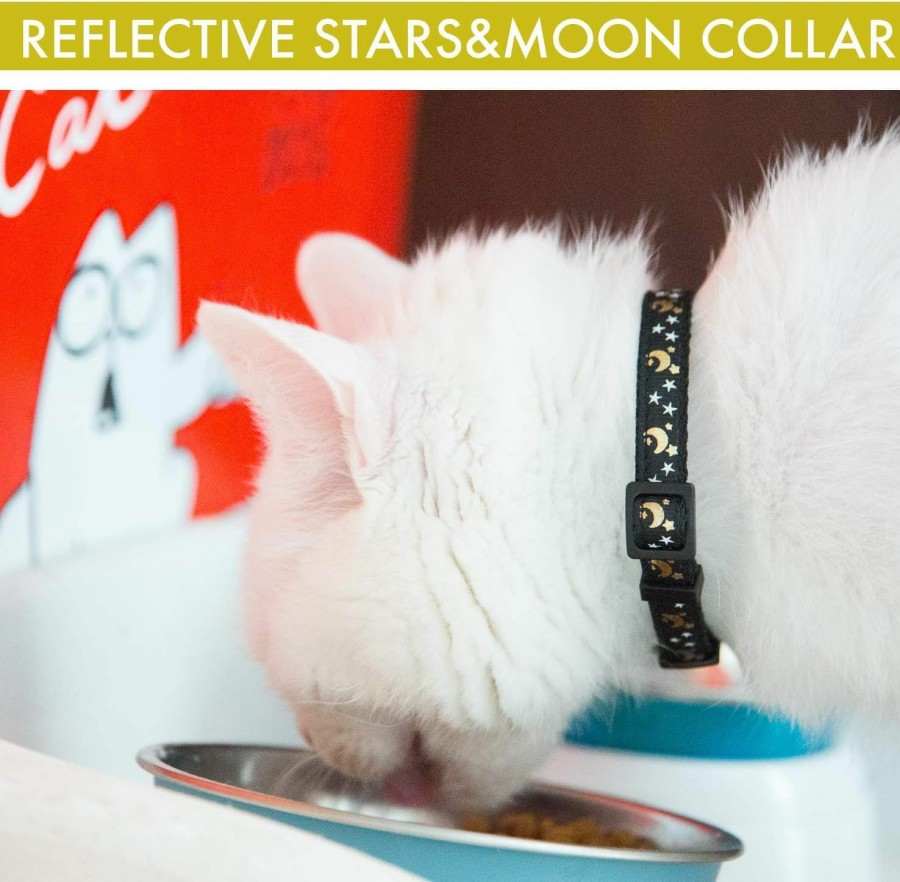 Cat Bemix Pets | Upgraded Version - Cat Collar Stars And Moon, 4-Pack, Reflective With Bell, Solid & Safe , Nylon, Pet Collar, Breakaway Cat Collar, Free Replacement