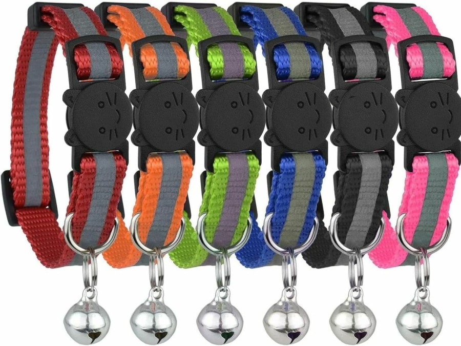 Cat Bemix Pets | Upgraded Version - Reflective Cat Collar With Bell, Set Of 6, Solid & Safe Collars For Cats, Nylon, Mixed Colors, Pet Collar, Breakaway Cat Collar Charms, Free Replacement