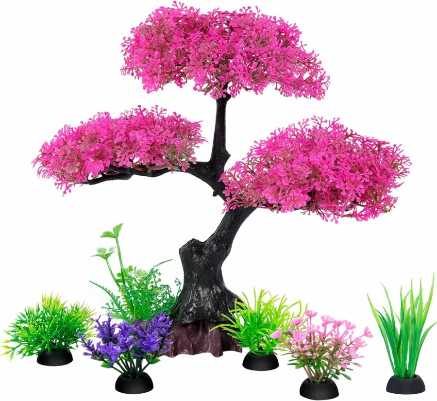 Fish & Aquatic Ameliade | Ameliade Aquarium Artificial Plastic Plants Decoration, Pink Cherry Blossom Tree & Grass Aquarium Decor Set, Goldfish Betta Fish Tank Decorations Hides Accessories(Pink