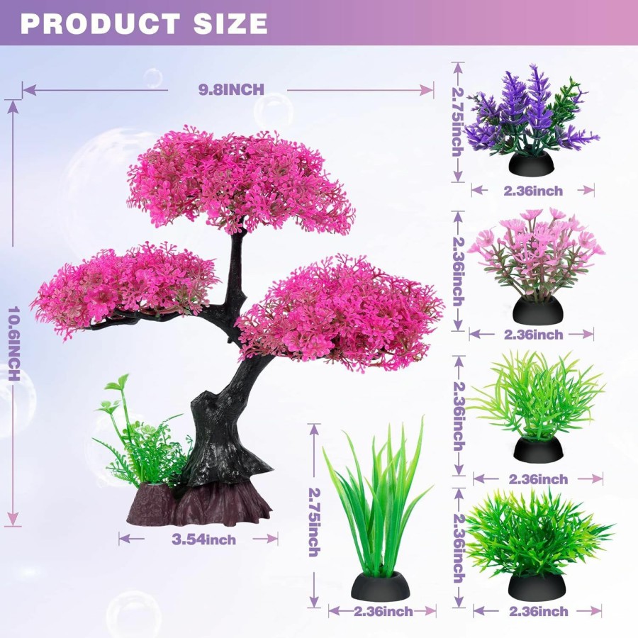 Fish & Aquatic Ameliade | Ameliade Aquarium Artificial Plastic Plants Decoration, Pink Cherry Blossom Tree & Grass Aquarium Decor Set, Goldfish Betta Fish Tank Decorations Hides Accessories(Pink