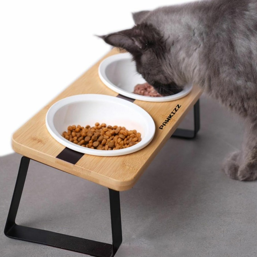 Cat pawkizz | Elevated Cat Ceramic Bowls Stand For Food And Water, Small Dog, Anti Vomit, Indoor Cats, Tilted Feeding Position, Full Bamboo Body Stand With Food Grade, Whisker Friendly Dish For Cats And Puppy