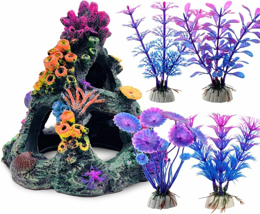 Fish & Aquatic GSD | Gsd Aquarium Colorful Coral Reef Set Fish Tank Decoration Mountain Ornament For Aquarium Environments Decor Accessories, Coral Mountain X 1, Aquatic Plant X 4