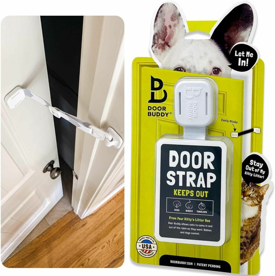 Cat Door Buddy | Door Buddy Pet Door Latch For Cats - Grey. Adjustable Cat Door Strap. Dog Proof Litter Box & Cat Feeding Station Without Pet Gate Or Cat Door For Interior Door. Most Customizable Cat Door Latch Holder