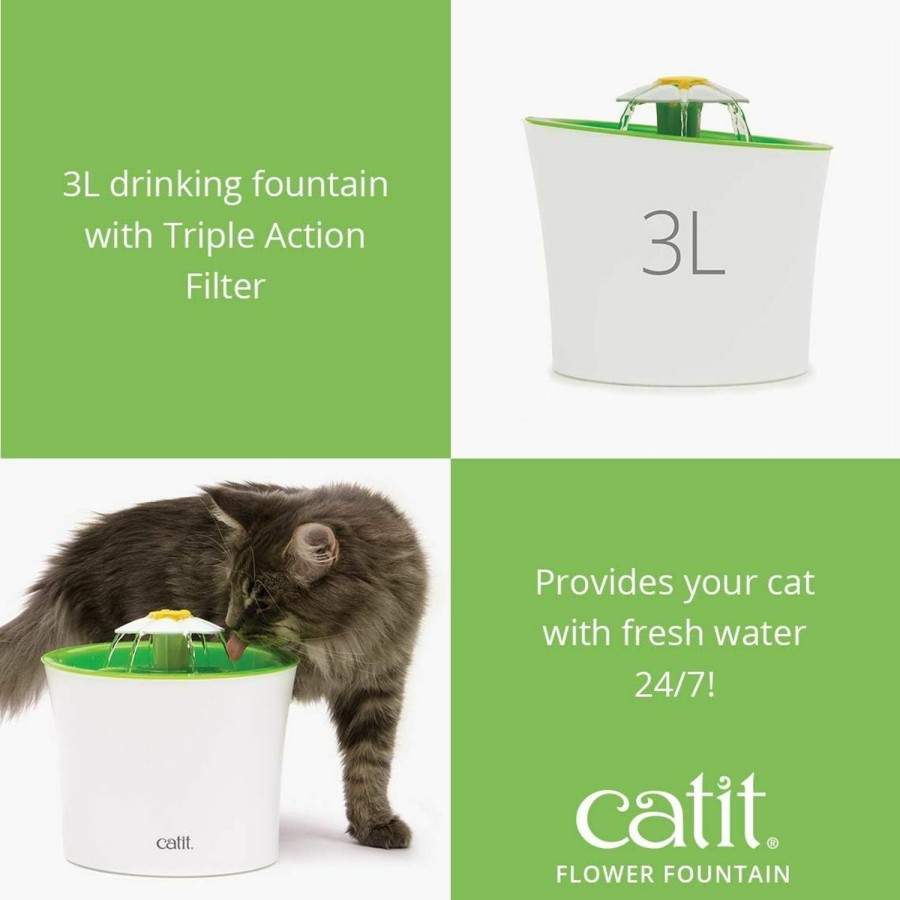 Cat Catit | Catit Flower Fountain With Triple Action Filter, Cat Drinking Water Fountain, 3 L, Green