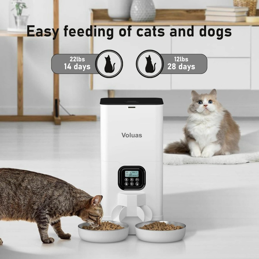 Cat Voluas | Voluas Automatic Cat Feeders For Two Cats, Double Pet Feeder With 2 Stainless Steel Bowls,6L Timed Cat Feeder With Memory Function, Pet Food Dish