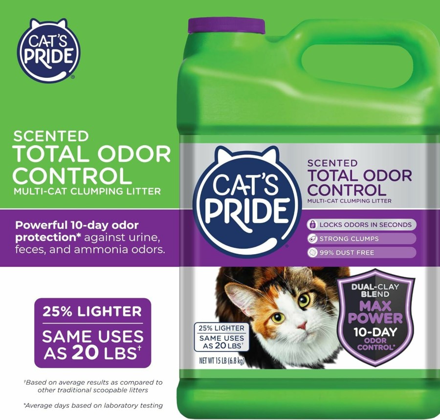 Cat Cat's Pride | Cat'S Pride Max Power: Natural Care - Up To 10 Days Of Powerful Odor Control - 100% Natural Odor Elimination - Hypoallergenic - 99% Dust Free - Multi-Cat Clumping Litter, Unscented, 15 Pounds