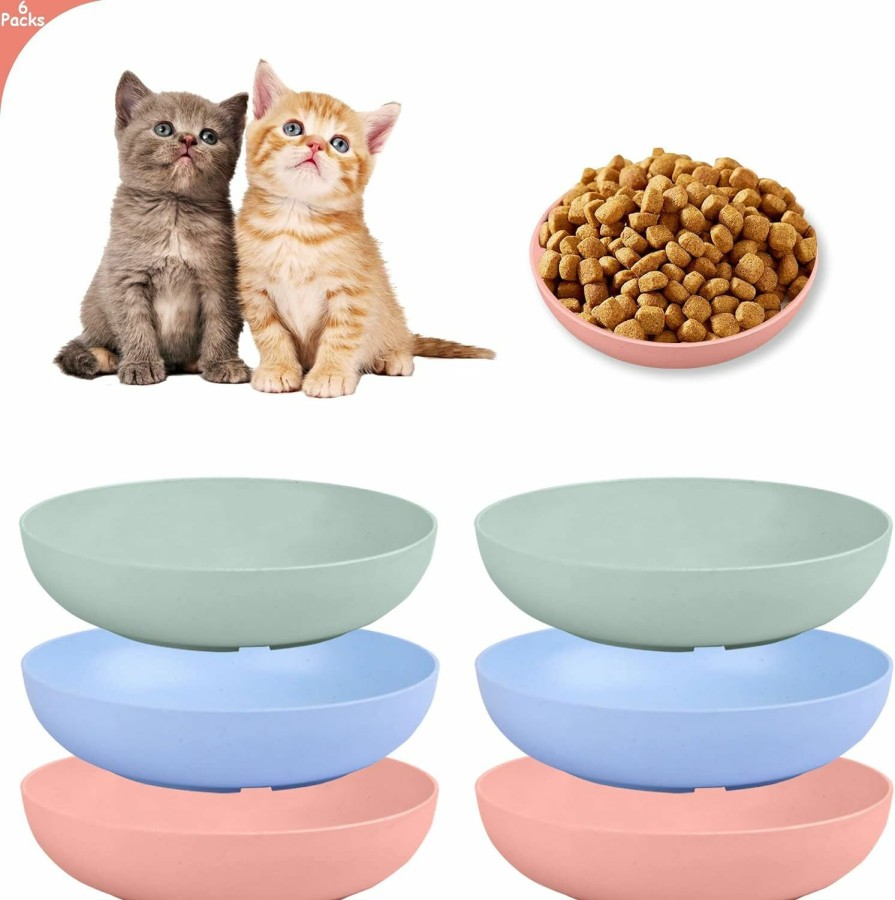 Cat YUZI | 6-Pieces Whisker Fatigue Cat Bowl - 5.5 Inch Shallow Cat Food Dish Wide Cat Wet Feeding Bowls, Pet Plate For Kittens And Short Legged Cat, Wheat Straw