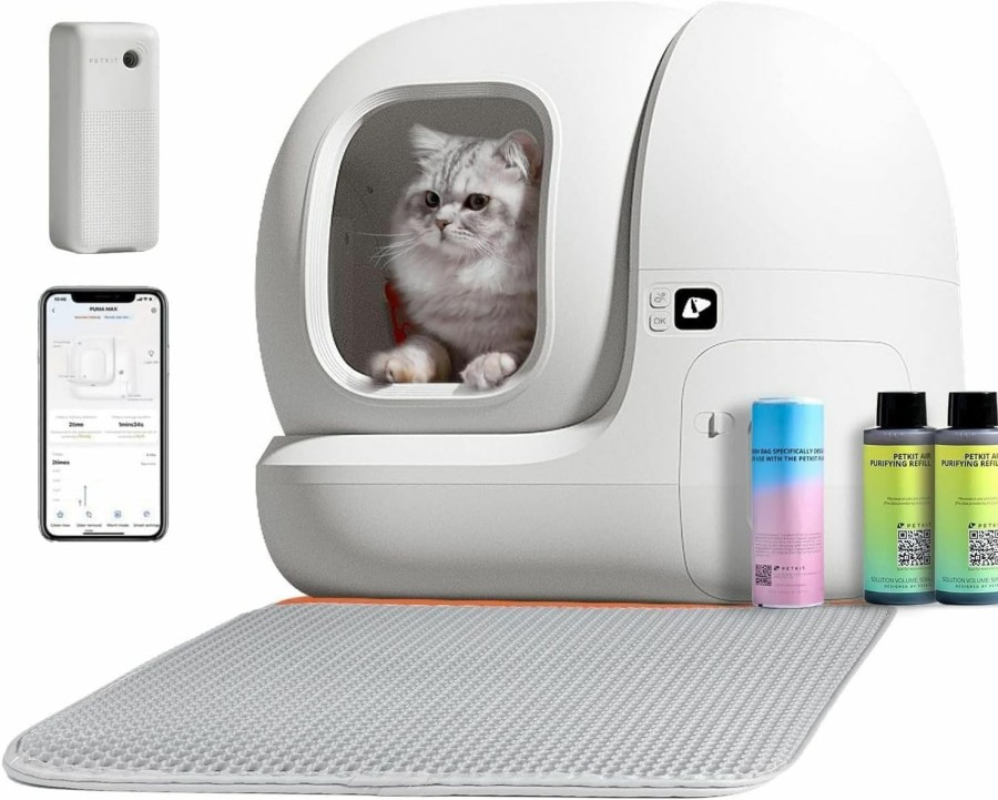 Cat PETKIT | Petkit Self Cleaning Cat Litter Box, Puramax Cat Litter Box For Multiple Cats, App Control/Xsecure/Odor Removal Automatic Cat Litter Box Includes Trash Bags And K3 Smart Air Purifier Spray