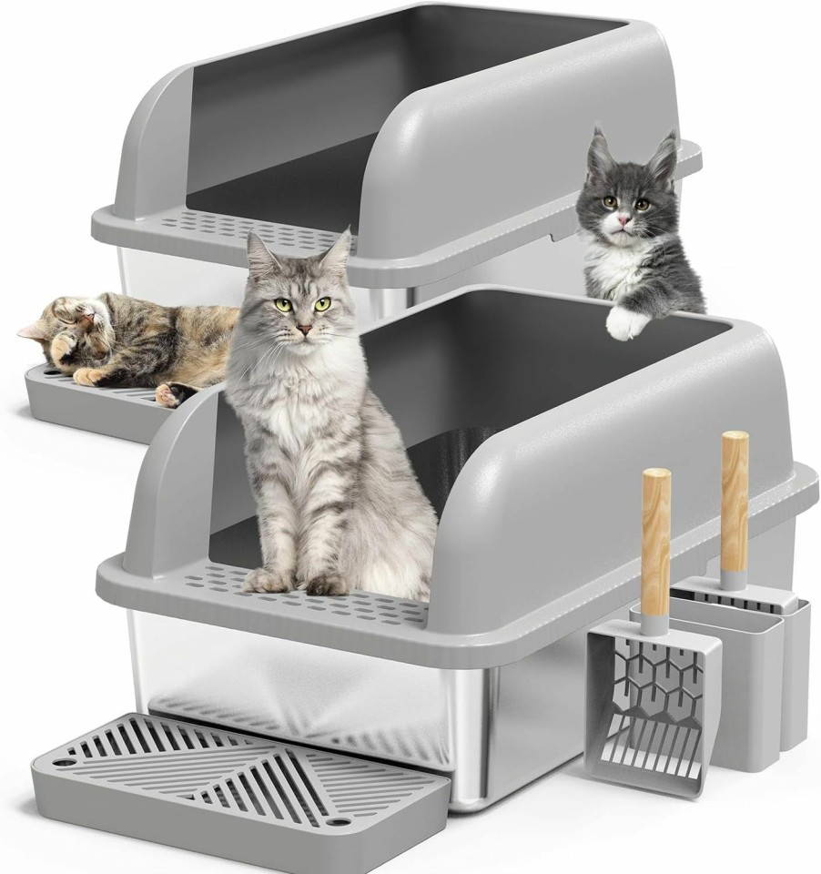 Cat suzzipaws | Suzzipaws Enclosed Stainless Steel Cat Litter Box With Lid Extra Large Litter Box For Big Cats Xl Metal Litter Pan Tray With High Wall Sides Enclosure, Non-Sticky, Anti-Leakage, Easy Cleaning