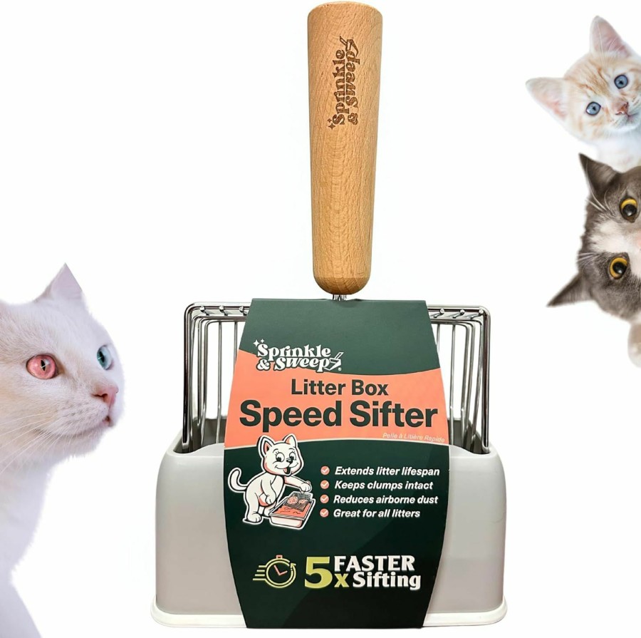 Cat Sprinkle & Sweep | Sprinkle & Sweep Cat Litter Scoop - Heavy-Duty Speed Sifter With Comfortable Beech Wood Grip, Washable Convenient Stand For Easy And Efficient Cleaning