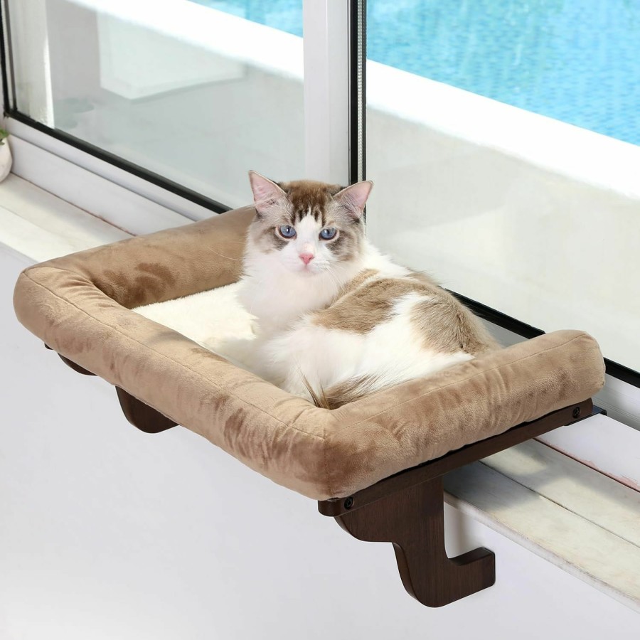 Cat Zakkart | Zakkart Cat Perch For Window Sill With Bolster - Orthopedic Hammock Design With Premium Hardwood & Robust Metal Frame - Cat Window Seat For Large Cats And Kittens - Nartural Color Wood With Gray Bed