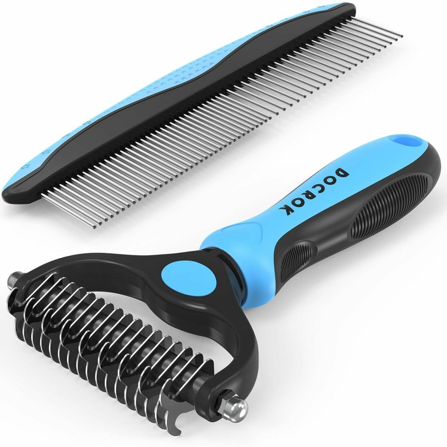 Cat Docrok | Pet Grooming Brush And Metal Comb Combo, Cat Brush Dog Brush For Shedding, Undercoat Rake For Dogs Grooming Supplies, Dematting Deshedding Brush Dogs Shedding Tool For Long Matted Haired Pets, Blue