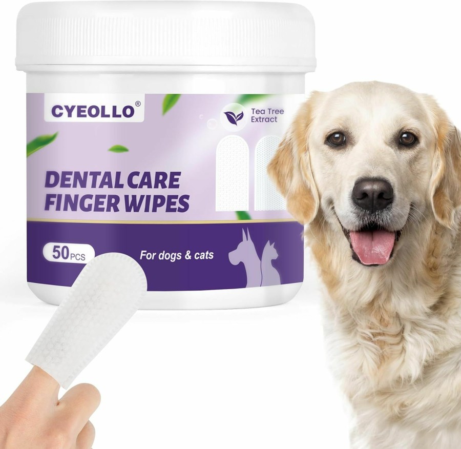 Cat cyeollo | Cyeollo Dog Dental Wipes For Teeth Cleaning 50 Counts, Pet Finger Wipes Reducing Plaque & Tartar, Breath Freshener Disposable Gentle Cleaning & Gum Care Pet Wipes For Dogs Cats No-Rinse Toothbrush