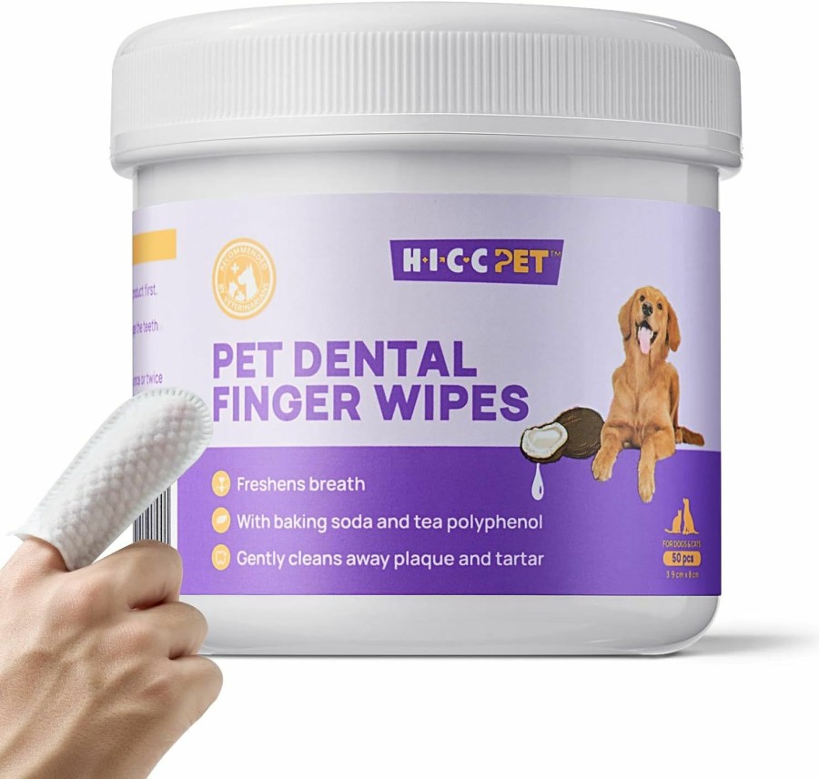 Cat HICC PET | Hicc Pet Teeth Cleaning Wipes For Dogs & Cats, Remove Bad Breath By Removing Plaque And Tartar Buildup No-Rinse Dog Finger Toothbrush, Disposable Gentle Cleaning & Gum Care Pet Wipes, 50 Counts