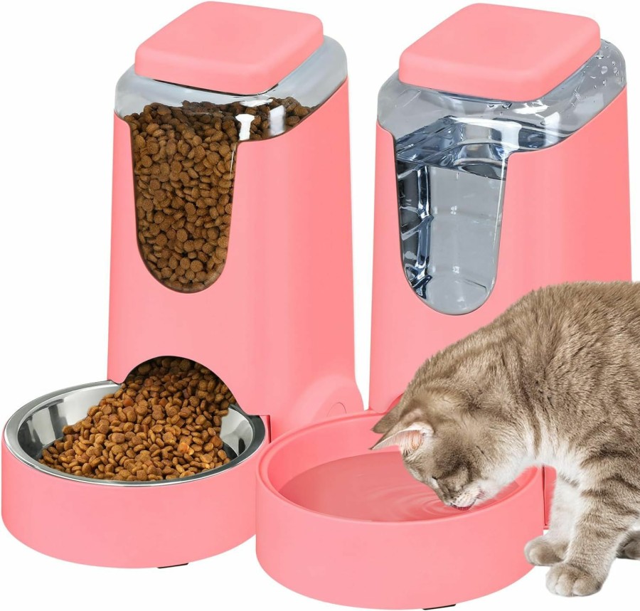 Cat HWONMTE | 2 Pack Automatic Cat Feeder And Water Dispenser With Stainless Steel Dog Bowl Gravity Self Feeding For Small Medium Pets Puppy Kitten 1 Gallon X 2 (Charcoal)