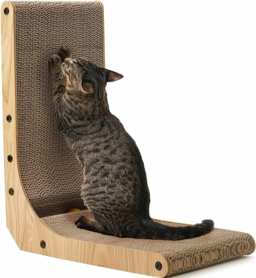 Cat FUKUMARU | Fukumaru Cat Scratcher, 26.8 Inch L Shape Cat Scratch Pad Wall Mounted, Cat Scratching Cardboard With Ball Toy For Indoor Cats, Large Size