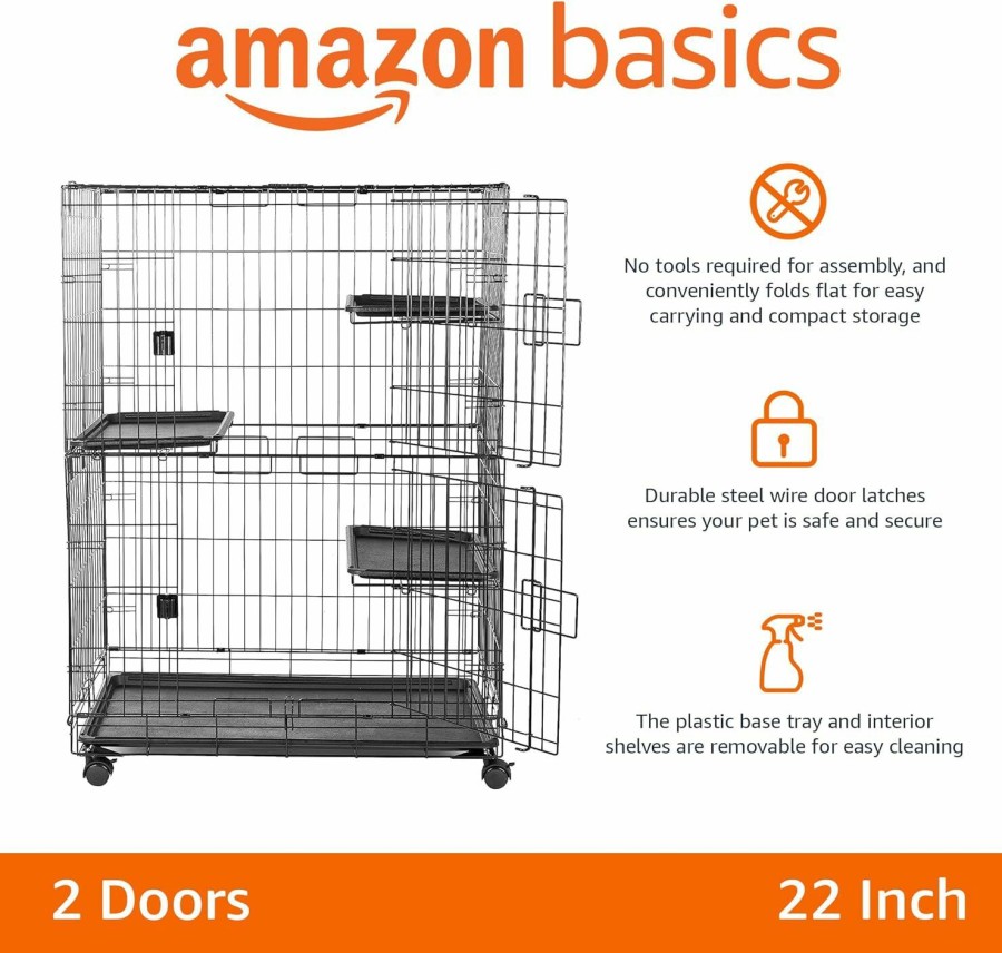 Cat Amazon Basics | Amazon Basics Large 3-Tier Cat Durable,Pliable Cage Playpen Box Crate Kennel - 35.8\"L X 22.4\"W X 50.6\"H, Black