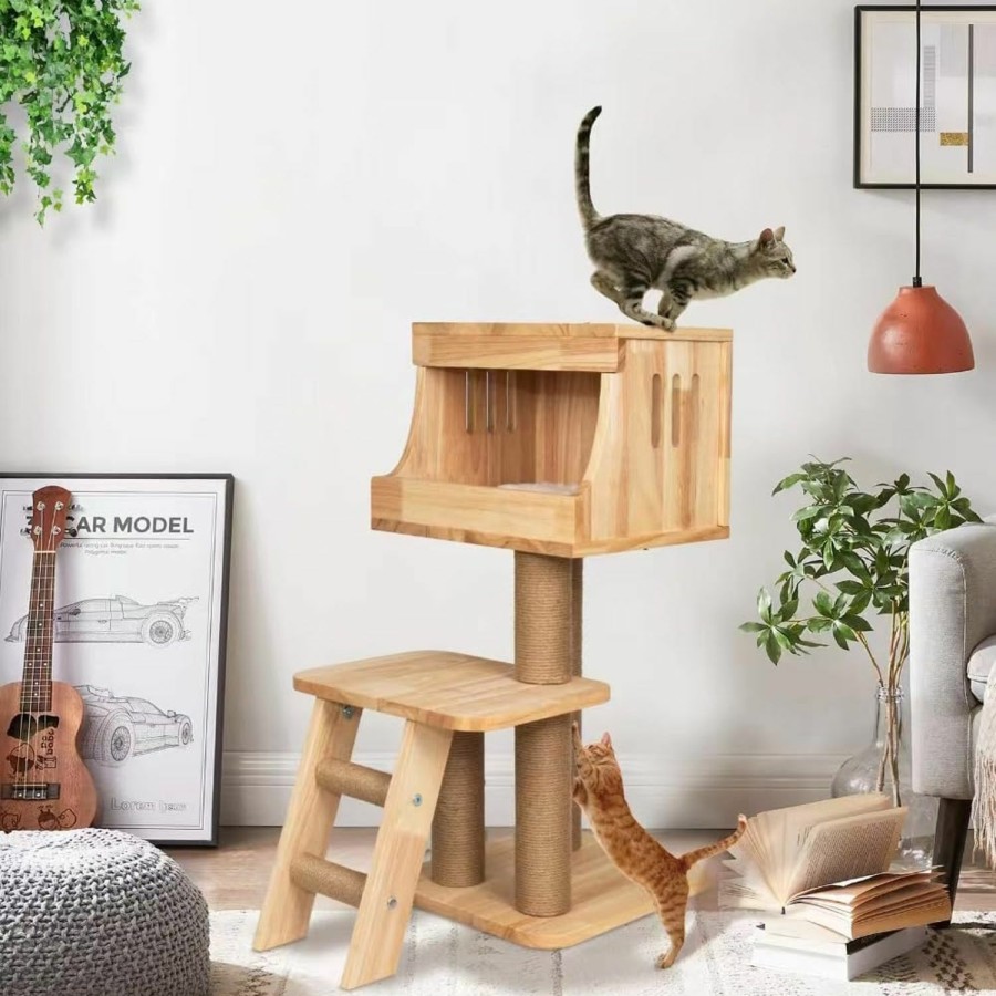 Cat Erivc | Modern Cat Tree For Indoor Cats - 32\" Luxury Wood Cat Tower, Cat Scratching Posts, Stepladder, Cozy Cat Condo With Washable Cushions, Tower For Indoor Kitties