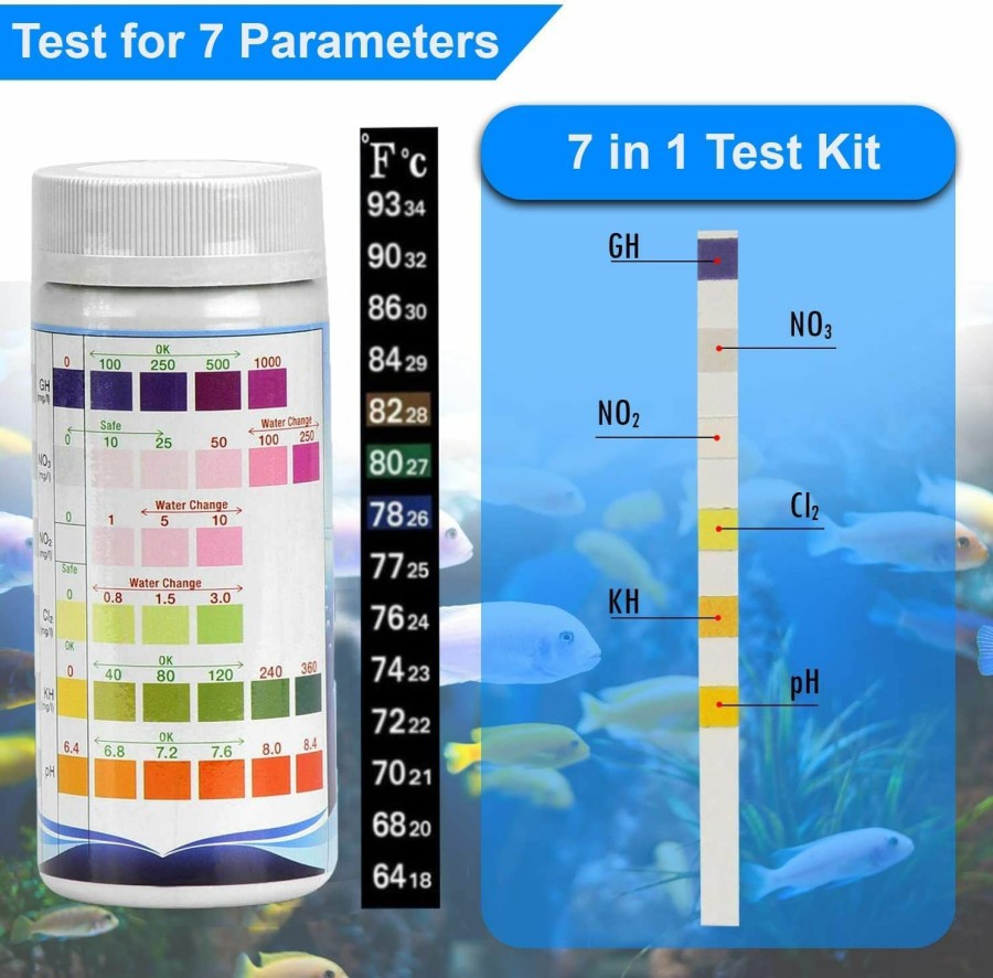 Fish & Aquatic SJ WAVE | Sj Wave 7 In 1 Aquarium Test Kit For Freshwater Aquarium | Fast & Accurate Water Quality Testing Strips For Aquariums & Ponds | Monitors Ph, Hardness, Nitrate, Temperature And More (100 Tests)