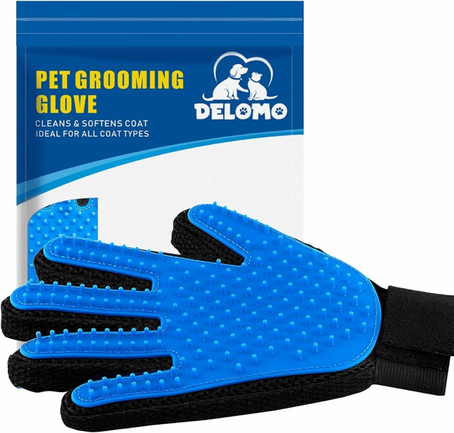 Cat DELOMO | Pet Hair Remover Glove - Gentle Pet Grooming Glove Brush - Deshedding Glove - Massage Mitt With Enhanced Five Finger Design - Perfect For Dogs & Cats With Long & Short Fur - 1 Pack (Right-Hand), Blue