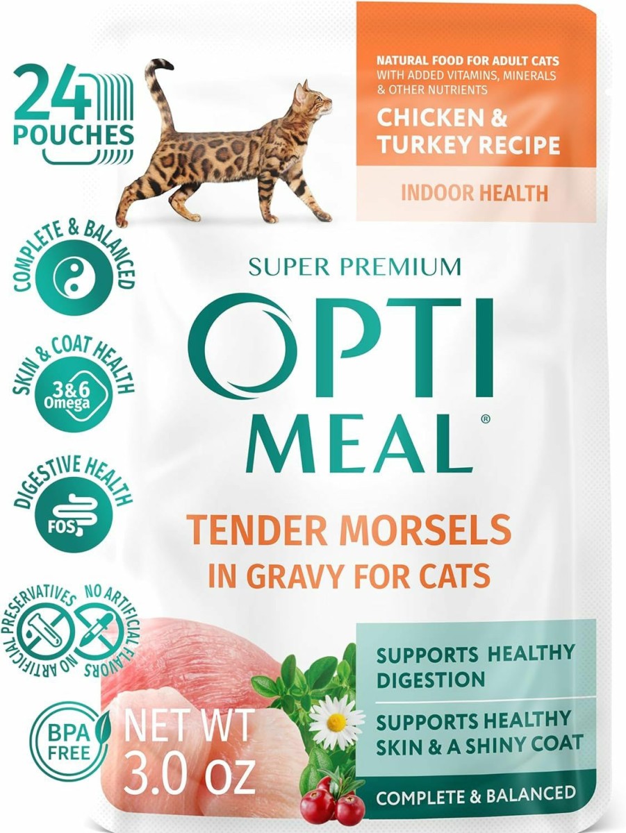 Cat OPtimeal | Optimeal Tender Morsels Wet Cat Food - Proudly Ukrainian - Cat Food Wet Recipe With Real Morsels In Gravy, Balanced Cat Wet Food For Adult Indoor Cats (4.5Lbs Total (24 Pouches), Chicken & Turkey)