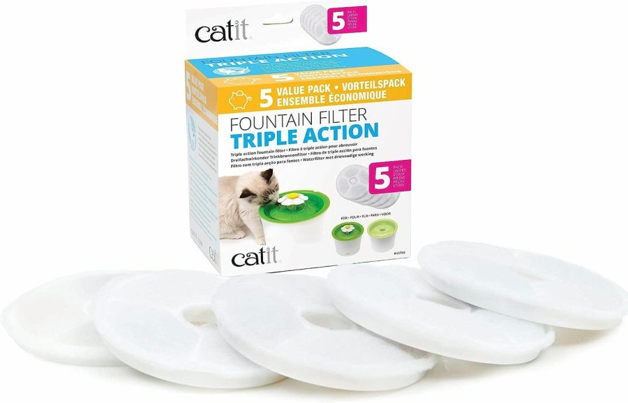 Cat Catit | Catit Triple Action Replacement Original Water Fountain Filters, 5 Pack Official Replacement Filters For Catit Cat Drinking Water Fountains